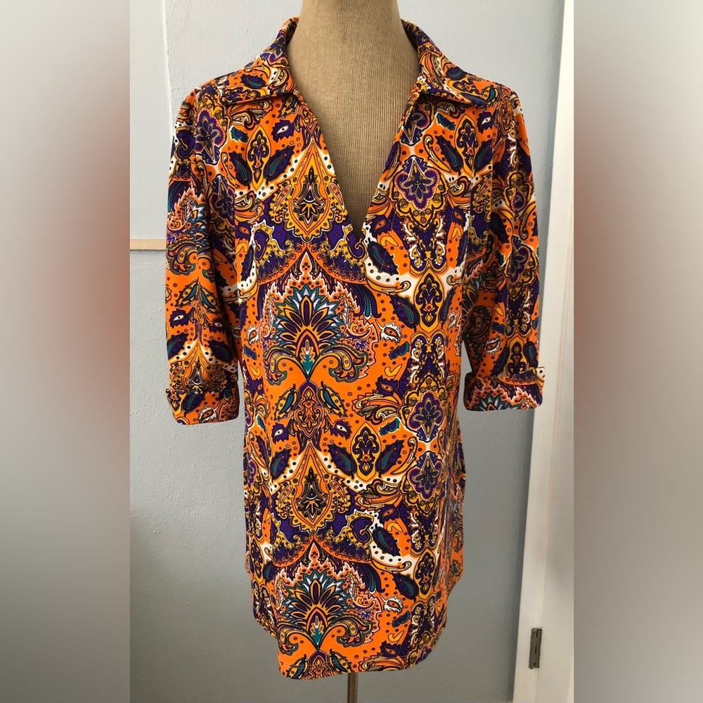Katherine Way Orange and Purple Paisley Print Nola Tunic 3/4 Sleeves - New